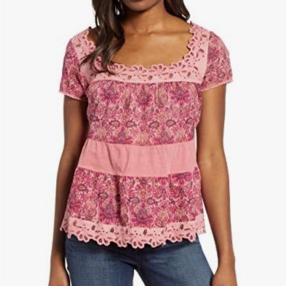 Lucky Brand Tops - Lucky Brand Pink Floral Tiered Cap Sleeve Blouse Women's 2X Boho